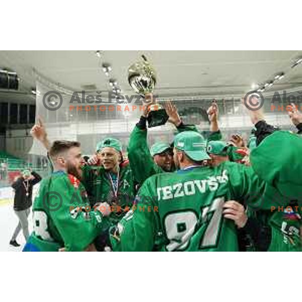 Ziga Pance and players of SZ Olimpija celebrate Slovenian National ice-hockey title in Ljubljana, Slovenia on April 5, 2022