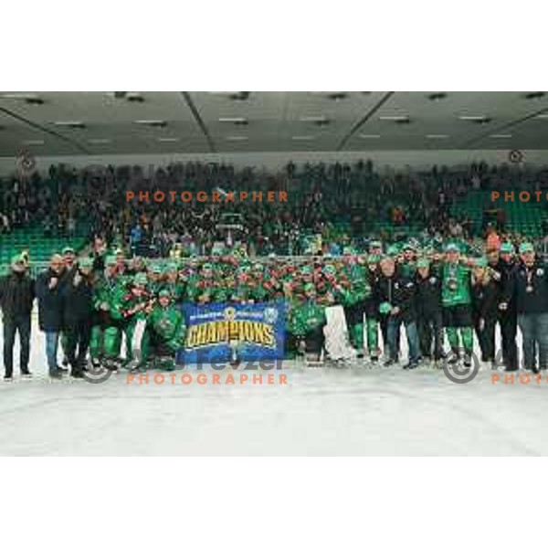Players of SZ Olimpija celebrate Slovenian National ice-hockey title in Ljubljana, Slovenia on April 5, 2022