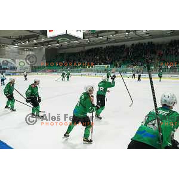 Players of SZ Olimpija celebrate Slovenian National ice-hockey title in Ljubljana, Slovenia on April 5, 2022