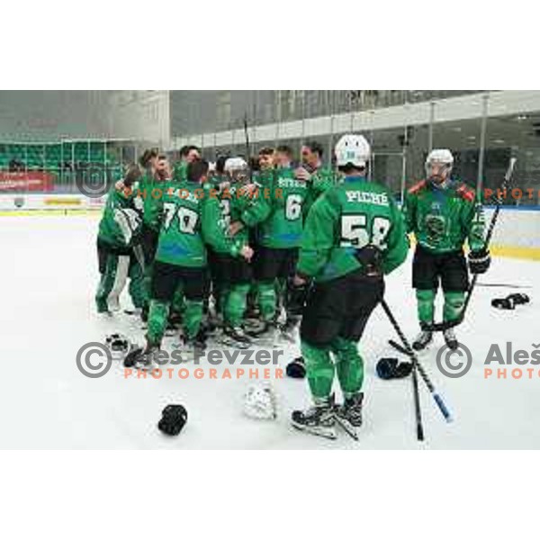 Players of SZ Olimpija celebrate Slovenian National ice-hockey title in Ljubljana, Slovenia on April 5, 2022