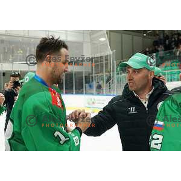 Players of SZ Olimpija celebrate Slovenian National ice-hockey title in Ljubljana, Slovenia on April 5, 2022