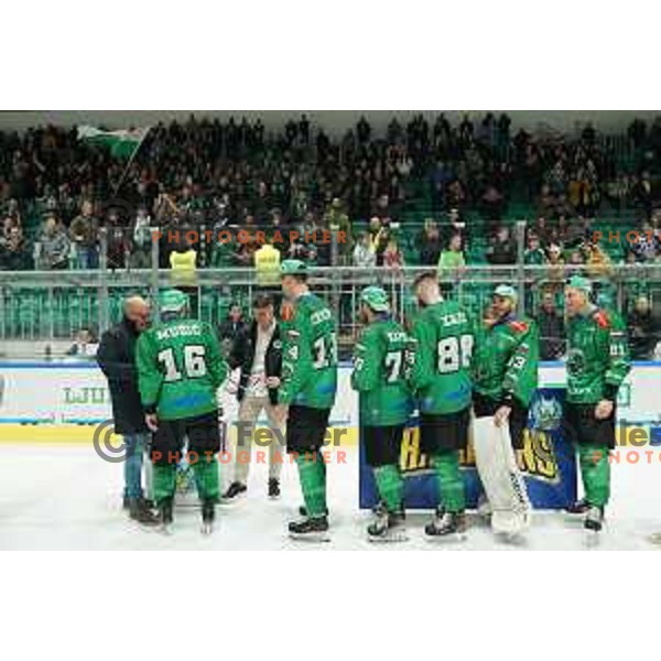 Players of SZ Olimpija celebrate Slovenian National ice-hockey title in Ljubljana, Slovenia on April 5, 2022