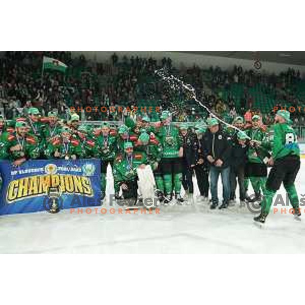 Players of SZ Olimpija celebrate Slovenian National ice-hockey title in Ljubljana, Slovenia on April 5, 2022