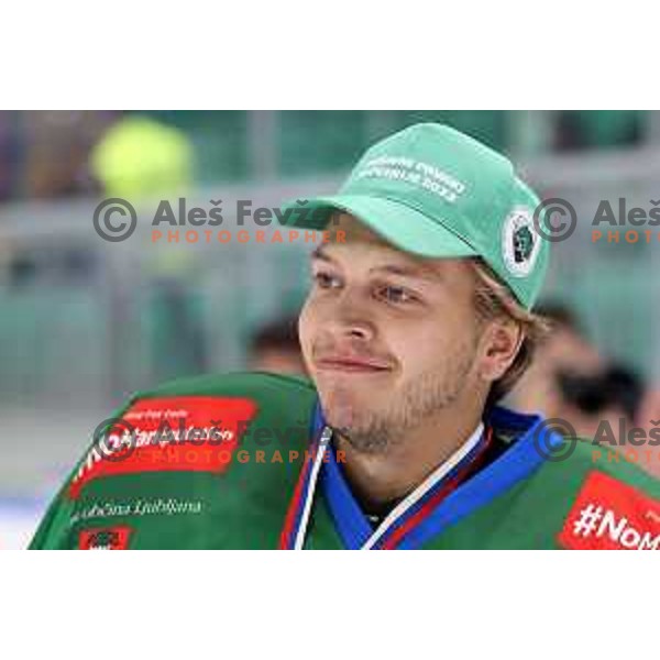 Paavo Holsa of SZ Olimpija celebrates Slovenian National ice-hockey title in Ljubljana, Slovenia on April 5, 2022