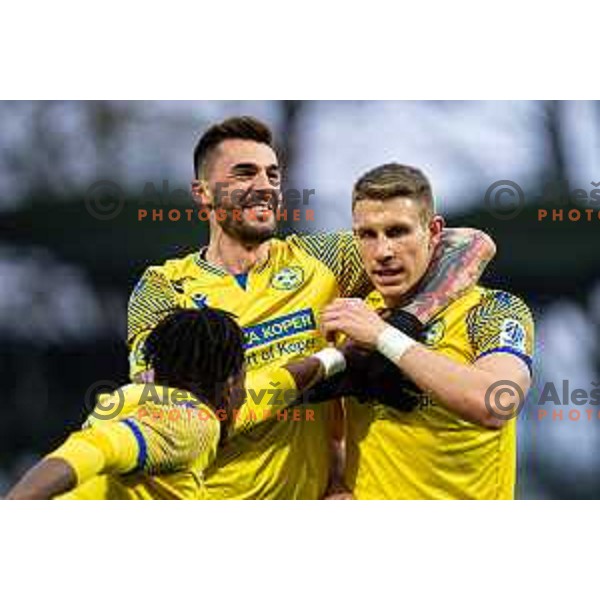Ivica Guberac and Ivan Novoselec celebrate goal during Prva Liga Telemach 2021-2022 football match between Mura and Koper in Murska Sobota, Slovenia on April 3, 2022