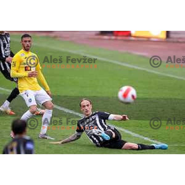 Marin Karamarko and Gregor Bajde in action during Prva Liga Telemach football match between Bravo and Mura in Ljubljana, Slovenia on April 9, 2022