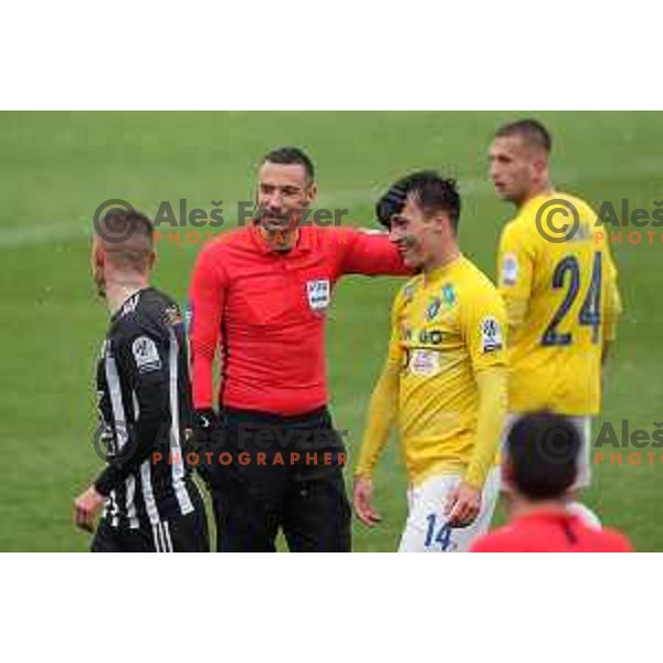 Referee Slavko Vincic and Luka Kerin during Prva Liga Telemach football match between Bravo and Mura in Ljubljana, Slovenia on April 9, 2022