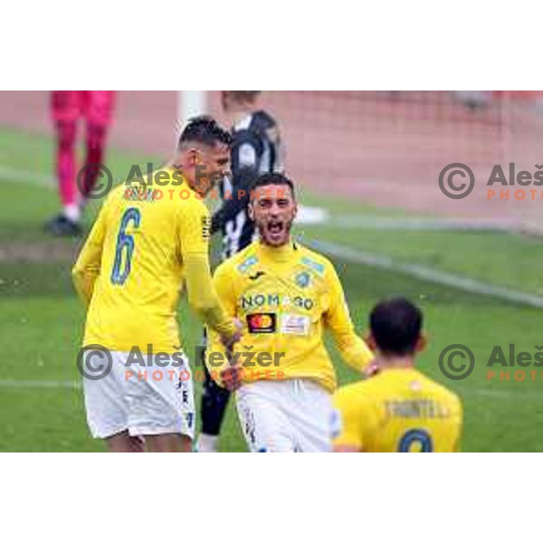 Gregor Bajde and players of Bravo celebrate goal during Prva Liga Telemach football match between Bravo and Mura in Ljubljana, Slovenia on April 9, 2022