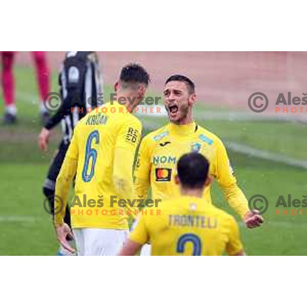 Gregor Bajde and players of Bravo celebrate goal during Prva Liga Telemach football match between Bravo and Mura in Ljubljana, Slovenia on April 9, 2022