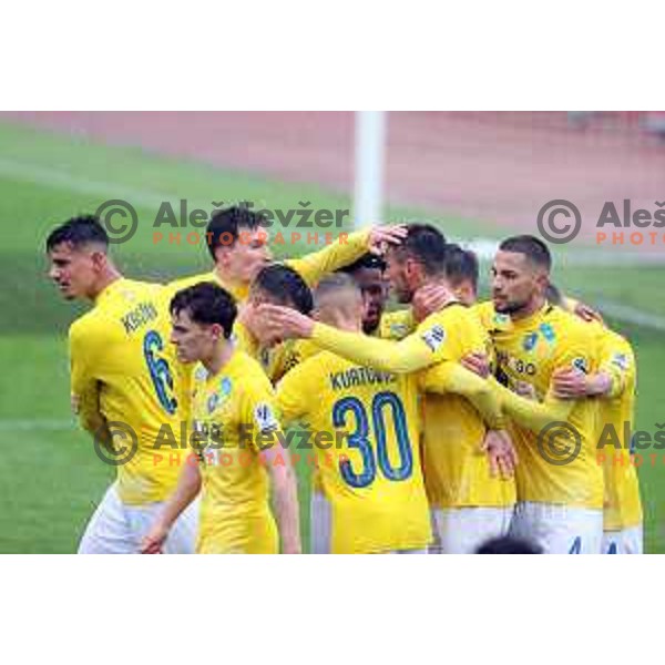 Gregor Bajde and players of Bravo celebrate goal during Prva Liga Telemach football match between Bravo and Mura in Ljubljana, Slovenia on April 9, 2022