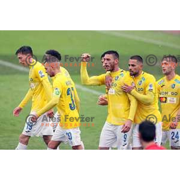 Gregor Bajde and players of Bravo celebrate goal during Prva Liga Telemach football match between Bravo and Mura in Ljubljana, Slovenia on April 9, 2022