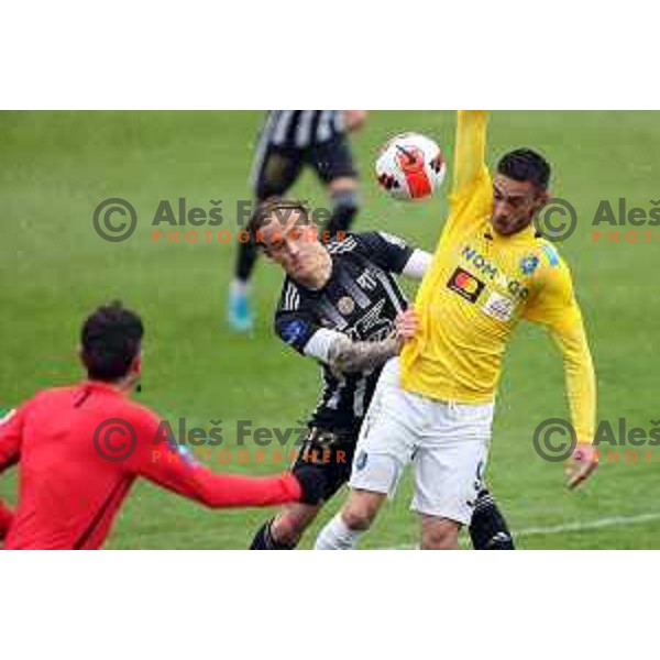Marin Karamarko and Gregor Bajde in action during Prva Liga Telemach football match between Bravo and Mura in Ljubljana, Slovenia on April 9, 2022