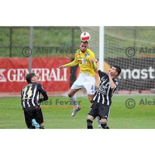 Stefan Milic and Alen Kozar in action during Prva Liga Telemach football match between Bravo and Mura in Ljubljana, Slovenia on April 9, 2022