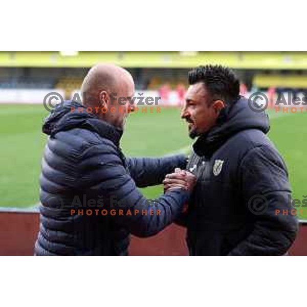 Robert Pevnik and Nermin Basic during Prva Liga Telemach 2021-2022 football match between Kalcer Radomlje and Aluminij in Domzale, Slovenia on April 9, 2022