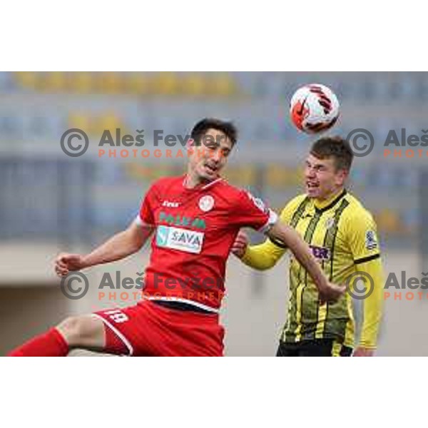 Klemen Bolha and Mark Zabukovnik during Prva Liga Telemach 2021-2022 football match between Kalcer Radomlje and Aluminij in Domzale, Slovenia on April 9, 2022