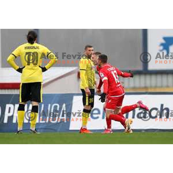 Dino Spehar and Tomislav Turcin celebrate goal during Prva Liga Telemach 2021-2022 football match between Kalcer Radomlje and Aluminij in Domzale, Slovenia on April 9, 2022