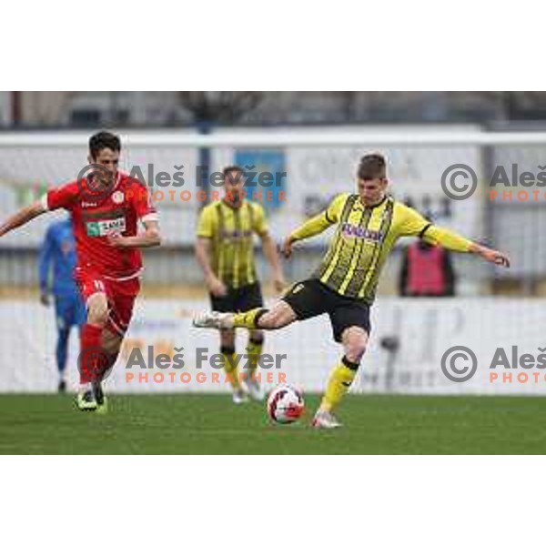 Klemen Bolha and Mark Zabukovnik in action during Prva Liga Telemach 2021-2022 football match between Kalcer Radomlje and Aluminij in Domzale, Slovenia on April 9, 2022