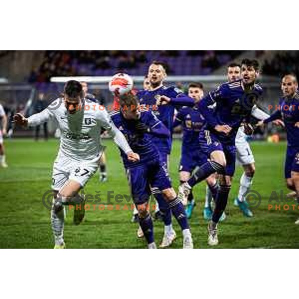 Ivan Prtajin vs Jan Repas in action during Prva liga Telemach football match between Maribor and Olimpija in Ljudski vrt, Maribor, Slovenia on April 9, 2022. Photo: Jure Banfi/www.alesfevzer.com