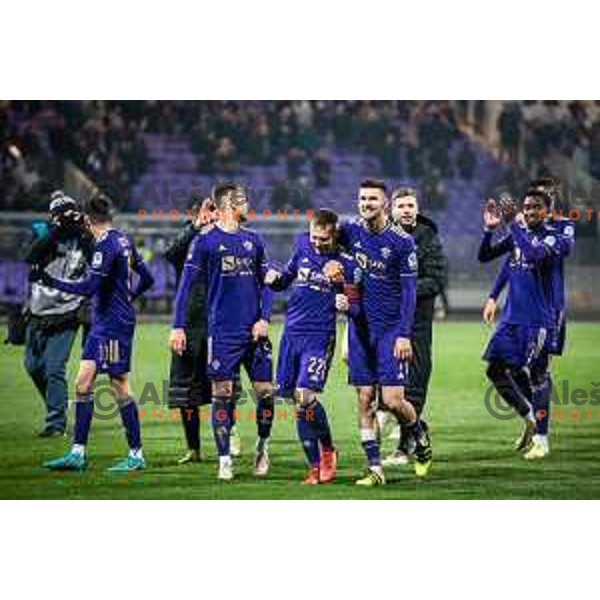 Martin Milec, Rok Kronaveter celebrating during Prva liga Telemach football match between Maribor and Olimpija in Ljudski vrt, Maribor, Slovenia on April 9, 2022. Photo: Jure Banfi/www.alesfevzer.com