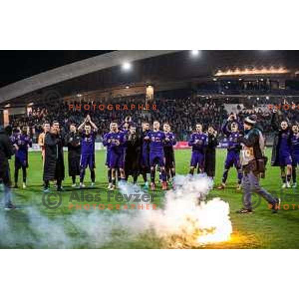 Players of Maribor celebrating during Prva liga Telemach football match between Maribor and Olimpija in Ljudski vrt, Maribor, Slovenia on April 9, 2022. Photo: Jure Banfi/www.alesfevzer.com