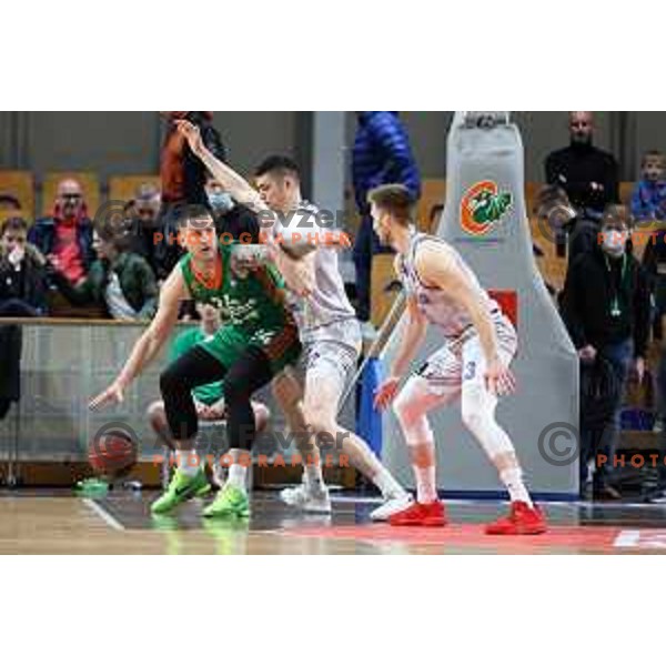 Alen Omic and Danko Brankovic in action during ABA league regular season basketball match between Cedevita Olimpija and Cibona in Tivoli Hall, Ljubljana, Slovenia on April 10, 2022