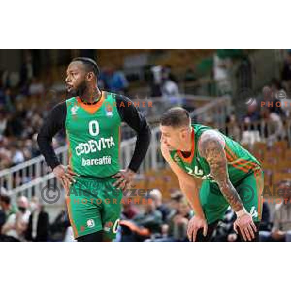 Jacob Pullen and Alen Omic in action during ABA league regular season basketball match between Cedevita Olimpija and Cibona in Tivoli Hall, Ljubljana, Slovenia on April 10, 2022