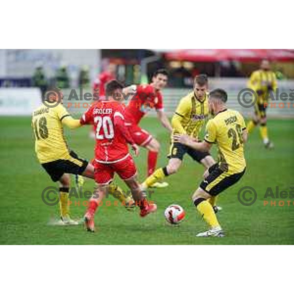 Dario Rugasevic, Martin Sroler and Mateo Muzek in action during Prva Liga Telemach 2021-2022 football match between Kalcer Radomlje and Aluminij in Domzale, Slovenia on April 9, 2022