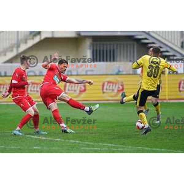 in action during Prva Liga Telemach 2021-2022 football match between Kalcer Radomlje and Aluminij in Domzale, Slovenia on April 9, 2022