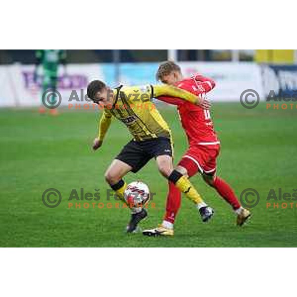 in action during Prva Liga Telemach 2021-2022 football match between Kalcer Radomlje and Aluminij in Domzale, Slovenia on April 9, 2022