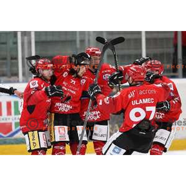 Nejc Brus and players of SIJ Acroni Jesenice celebrate goal during second game of the Final of Alps league ice-hockey match between Sij Acroni Jesenice (SLO) and Migross Asiago (ITA) in Podmezakla Hall, Jesenice on April 12, 2022