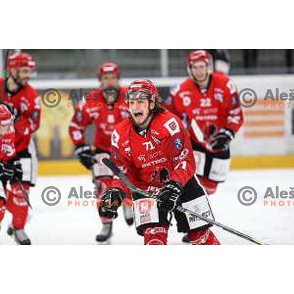 Nejc Brus and players of SIJ Acroni Jesenice celebrate goal during second game of the Final of Alps league ice-hockey match between Sij Acroni Jesenice (SLO) and Migross Asiago (ITA) in Podmezakla Hall, Jesenice on April 12, 2022