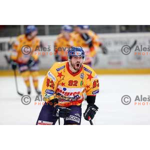 Giordano Finoro celebrates goal during second game of the Final of Alps league ice-hockey match between Sij Acroni Jesenice (SLO) and Migross Asiago (ITA) in Podmezakla Hall, Jesenice on April 12, 2022