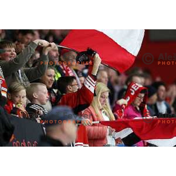 Fans of Jesenice during second game of the Final of Alps league ice-hockey match between Sij Acroni Jesenice (SLO) and Migross Asiago (ITA) in Podmezakla Hall, Jesenice on April 12, 2022