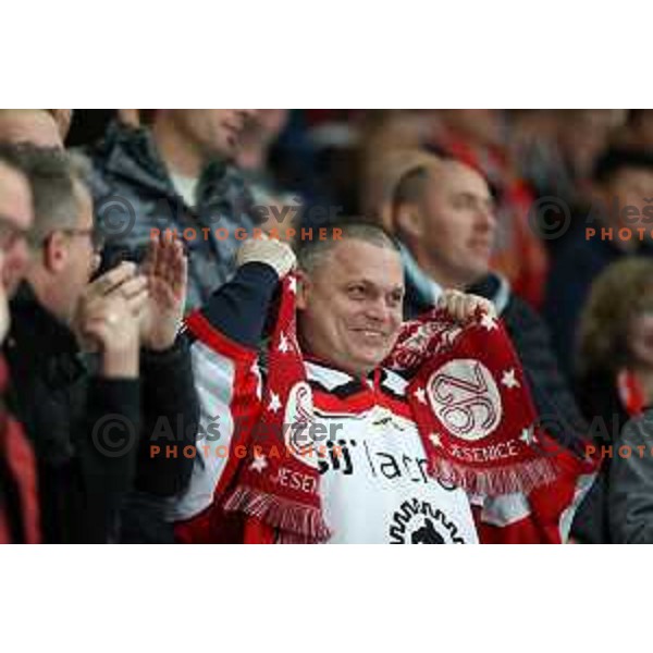 Fans of Jesenice during second game of the Final of Alps league ice-hockey match between Sij Acroni Jesenice (SLO) and Migross Asiago (ITA) in Podmezakla Hall, Jesenice on April 12, 2022