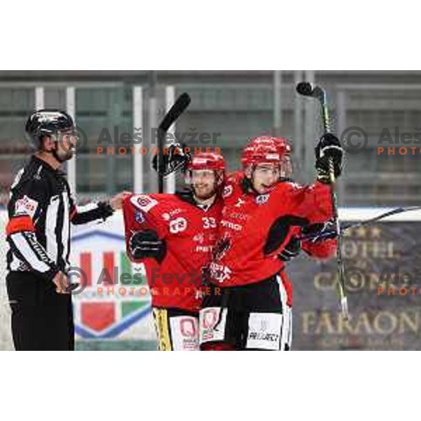 Nejc Brus and players of SIJ Acroni Jesenice celebrate goal during second game of the Final of Alps league ice-hockey match between Sij Acroni Jesenice (SLO) and Migross Asiago (ITA) in Podmezakla Hall, Jesenice on April 12, 2022