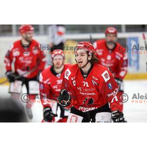 Nejc Brus celebrates goal during second game of the Final of Alps league ice-hockey match between Sij Acroni Jesenice (SLO) and Migross Asiago (ITA) in Podmezakla Hall, Jesenice on April 12, 2022