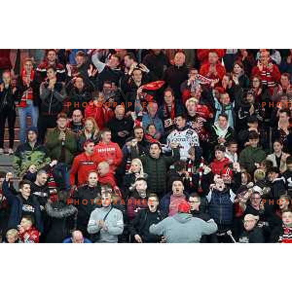 Fans of Jesenice during second game of the Final of Alps league ice-hockey match between Sij Acroni Jesenice (SLO) and Migross Asiago (ITA) in Podmezakla Hall, Jesenice on April 12, 2022