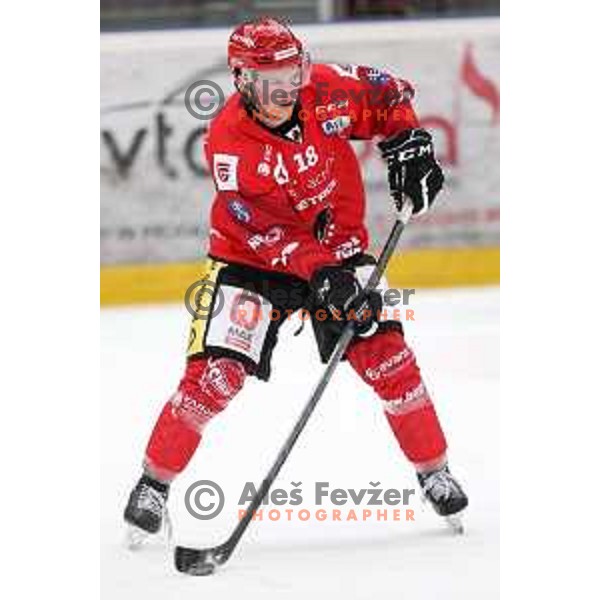 Miha Logar in action during second game of the Final of Alps league ice-hockey match between Sij Acroni Jesenice (SLO) and Migross Asiago (ITA) in Podmezakla Hall, Jesenice on April 12, 2022