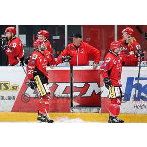 Erik Svetina and Miha Logar during second game of the Final of Alps league ice-hockey match between Sij Acroni Jesenice (SLO) and Migross Asiago (ITA) in Podmezakla Hall, Jesenice on April 12, 2022