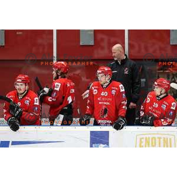 Patrik Rajsar, Miha Krmelj and Gasper Sersen during second game of the Final of Alps league ice-hockey match between Sij Acroni Jesenice (SLO) and Migross Asiago (ITA) in Podmezakla Hall, Jesenice on April 12, 2022