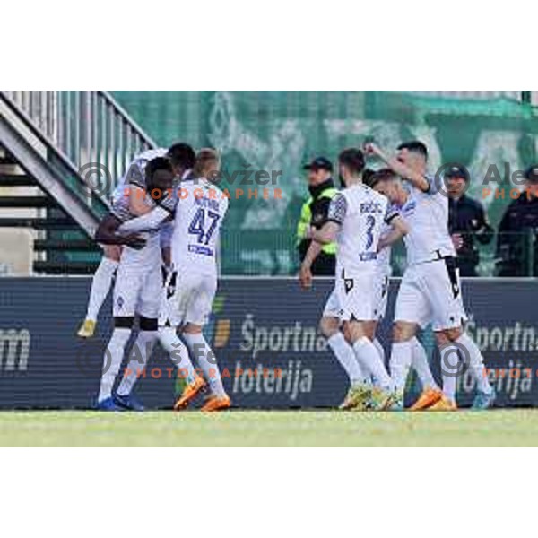 Lamin Colley and players of Koper celebrate goal during Prva Liga Telemach 2021-2022 football match between Domzale and Koper in Domzale, Slovenia on April 16, 2022