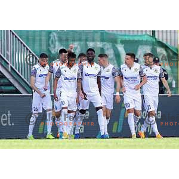 Lamin Colley and players of Koper celebrate goal during Prva Liga Telemach 2021-2022 football match between Domzale and Koper in Domzale, Slovenia on April 16, 2022