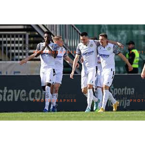 Lamin Colley and players of Koper celebrate goal during Prva Liga Telemach 2021-2022 football match between Domzale and Koper in Domzale, Slovenia on April 16, 2022