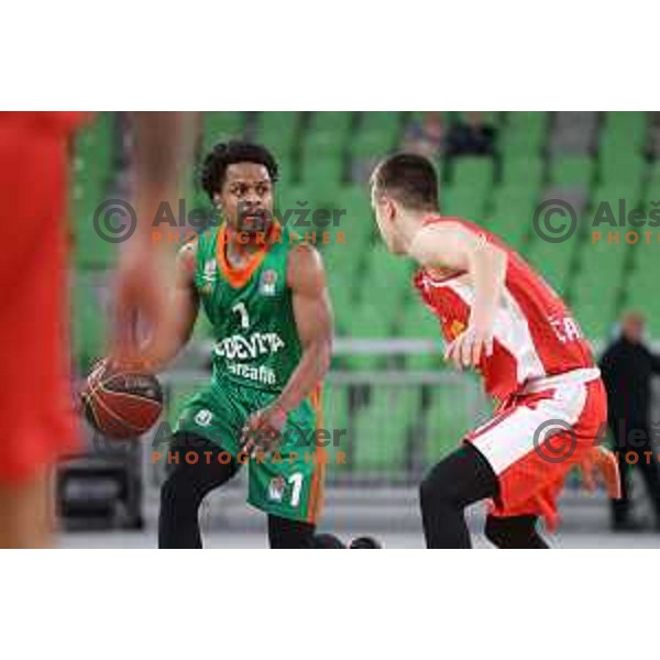 in action during ABA league regular season basketball match between Cedevita Olimpija and Borac in Stozice, Arena, Ljubljana, Slovenia on April 16, 2022