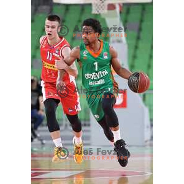 in action during ABA league regular season basketball match between Cedevita Olimpija and Borac in Stozice, Arena, Ljubljana, Slovenia on April 16, 2022