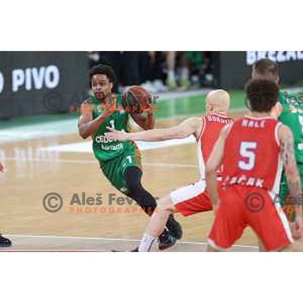 in action during ABA league regular season basketball match between Cedevita Olimpija and Borac in Stozice, Arena, Ljubljana, Slovenia on April 16, 2022