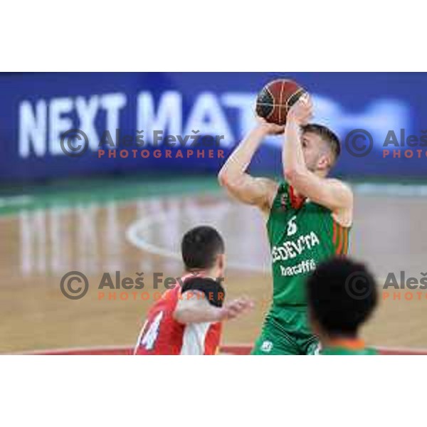 in action during ABA league regular season basketball match between Cedevita Olimpija and Borac in Stozice, Arena, Ljubljana, Slovenia on April 16, 2022