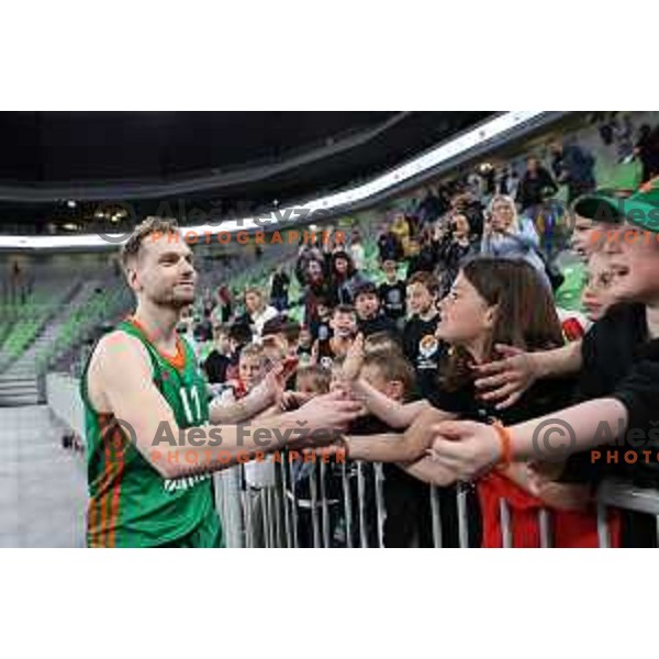 in action during ABA league regular season basketball match between Cedevita Olimpija and Borac in Stozice, Arena, Ljubljana, Slovenia on April 16, 2022