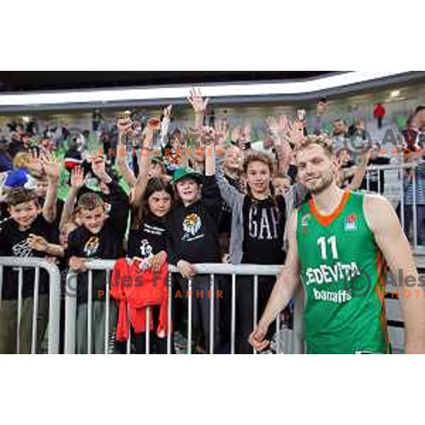 in action during ABA league regular season basketball match between Cedevita Olimpija and Borac in Stozice, Arena, Ljubljana, Slovenia on April 16, 2022
