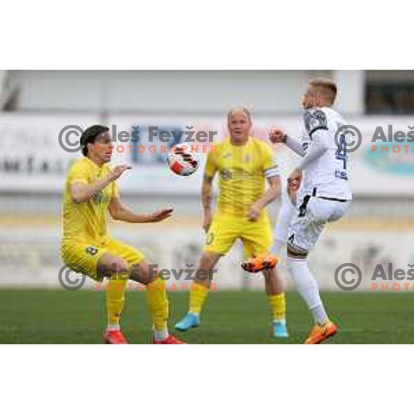 Alen Jurilj and Andrej Kotnik in action during Prva Liga Telemach 2021-2022 football match between Domzale and Koper in Domzale, Slovenia on April 16, 2022